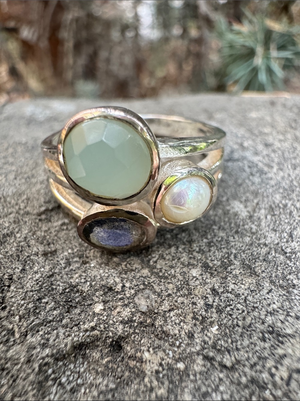 Sundance Sterling Triple-Stone Ring with Pale Green, Opal White & Blue Stones